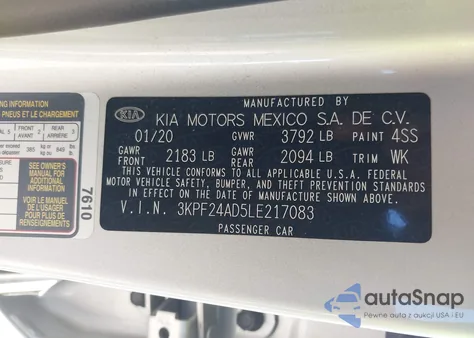 2020 Kia Forte Lxs из США, поврежденный, VIN 3KPF24AD5LE217083